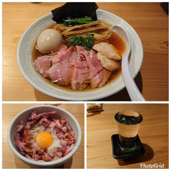 「特製らぁ麺(醤油)中盛り 豚ユッケ風ご飯 今宵の酒」@麺屋 さくら井の写真