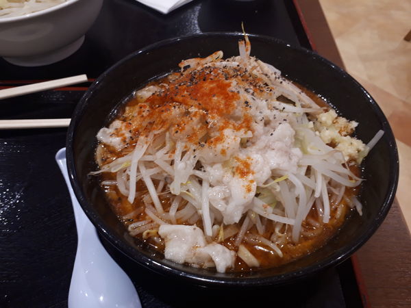 「辛ラーメン、野菜増、油増、にんにく増」@ジャンクガレッジ イオン北戸田店の写真