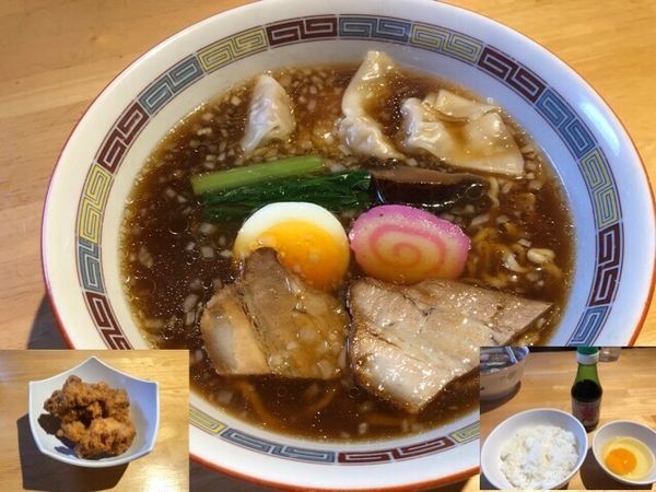 「ワンタン中華そば750円、唐揚350円、玉子かけごはん200」@竹田の中華そば こっとんの写真