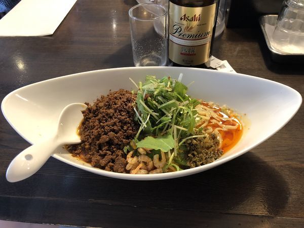 「つゆ無し担担麺 辛3痺3+ビール」@四川担担麺 阿吽 湯島店の写真