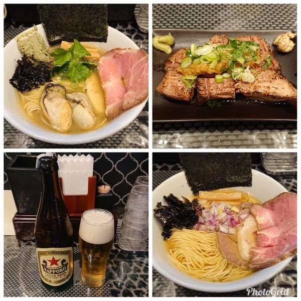 「牡蠣の塩そば・肉が三種のらぁ麺(淡麗煮干し塩)・炙り焼きちゃーし」@赤青(MURASAKI)の写真