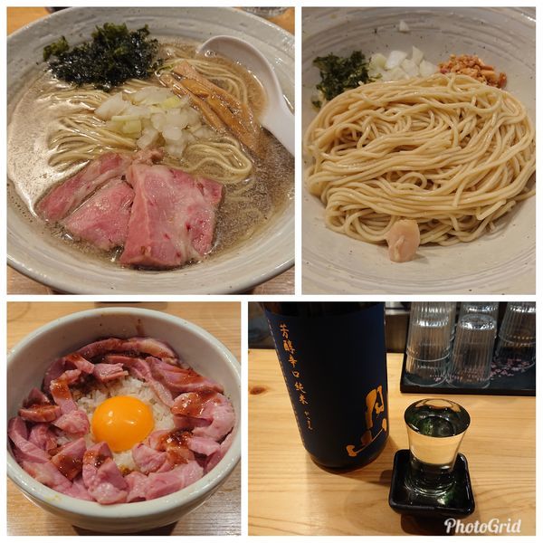 「煮干しらぁ麺&味つき替え玉 豚ユッケ風ご飯 今宵のお酒」@麺屋 さくら井の写真