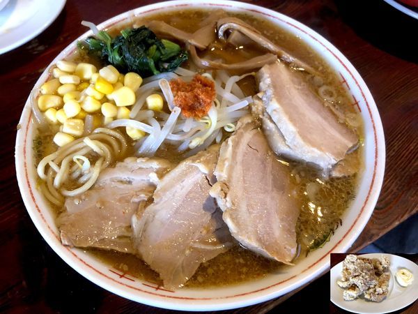 「味噌チャーシューメン（870円+税）＋黒澤醤油からあげ」@水戸中華そば むじゃき食堂の写真