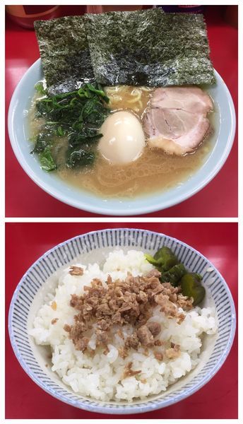 「ラーメン(麺硬め油多め)＋味付玉子＋ライス」@横浜家系ラーメン 末広家の写真
