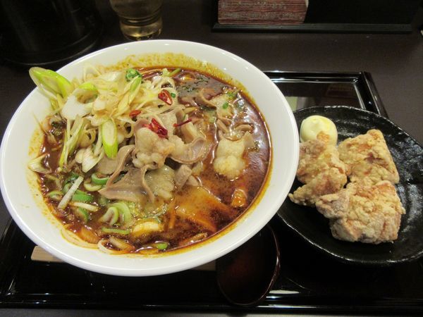「限定　牛もつ味噌ラーメン（９００円）＋葱１１０円＋唐揚げ」@極味噌本舗 桜土浦インター店の写真
