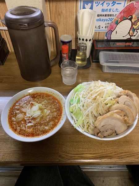 「つけ麺G  辛い味 麺増し(500g) 豚増し 焼きチーズ」@中華そば つけ麺 村岡屋の写真