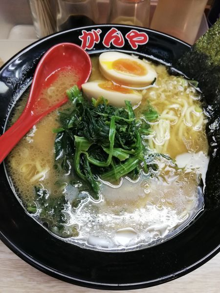 「味玉ラーメン、ほうれん草　780円＋100円」@がん家の写真