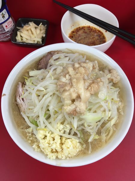 「小ラーメン  玉子  塩蔵  麺少なめ 硬め ニンニク多め アブ」@ラーメン二郎 神田神保町店の写真