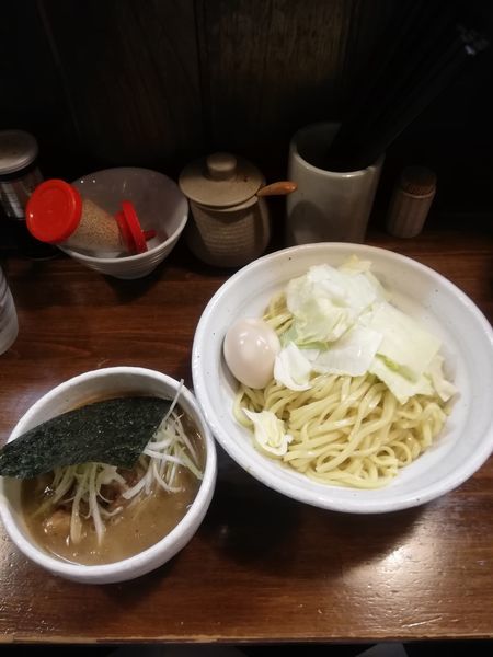 「四種の魚つけ麺(大盛り)800円味玉100円」@『   』（無銘）の写真