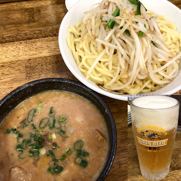 「【限定】炒め味噌つけ麺（大盛300g）＋生ビール」@中華蕎麦 丸め 東久留米店の写真