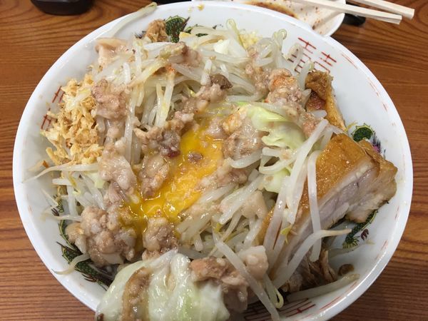 「汁なし  玉子  ヤサイちょいマシ  ニンニクマシ  アブラ」@ラーメン二郎 亀戸店の写真