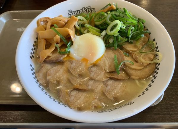 「超肉入りラーメン+肉増+シナチク増+ネギ増+温泉たまご」@スガキヤ モレラ岐阜店の写真