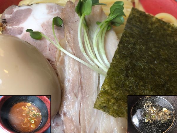 「ハーフ＆ハーフ（特盛、エビとイカ墨、和風トマト）」@つけ麵専門 百の輔の写真