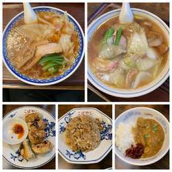 ワンタンメン+肉ソバ+チャーハン+餃子+半カレーライス(シェア)