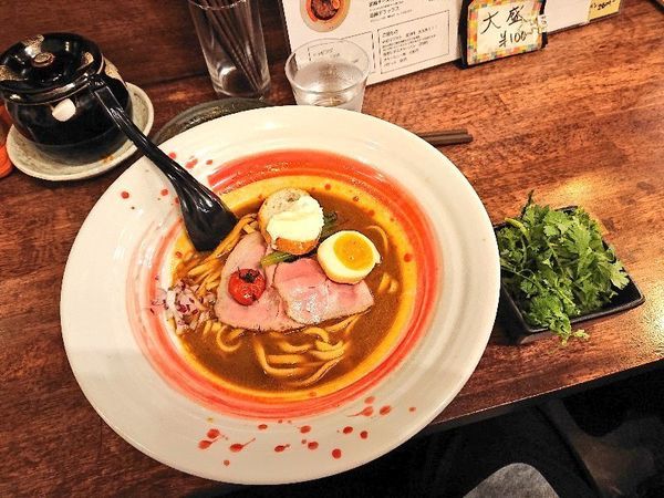 「ラビオリ、元祖パクチー、〆のリゾット」@海老丸らーめんの写真