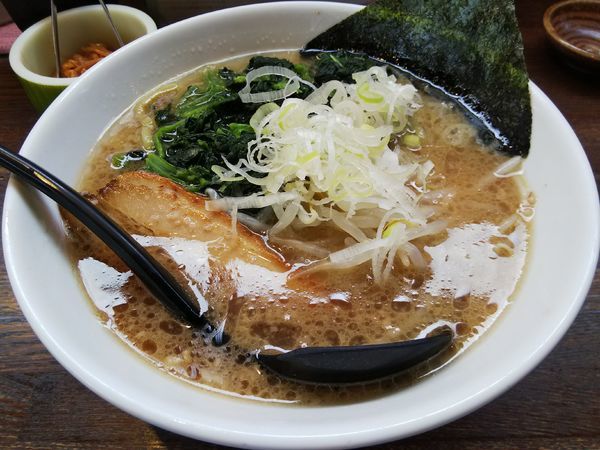 「醤油　：太麺　＋ほうれん草」@信州麺屋 とんずら －カエン－の写真