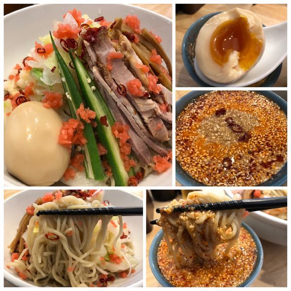 「【期間限定】冷やし辛つけそば （辛め）＋味玉」@中華そば専門 とんちぼの写真