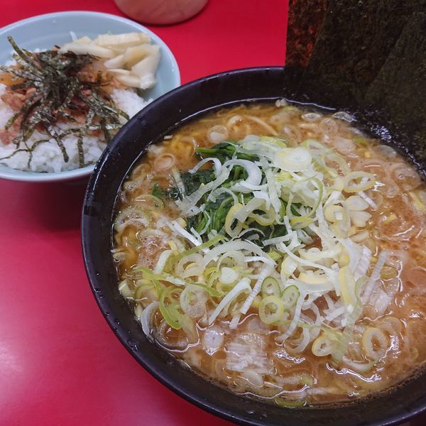 「ラーメン並700円(硬め)、チャーシューまぶしご飯150円、朝ネ」@ラーメン杉田家の写真