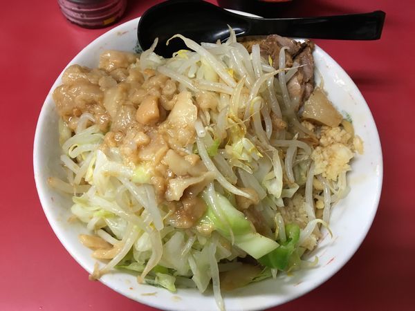 「大汁なし 玉子  全部 ニンニク多め」@ラーメン二郎 環七一之江店の写真