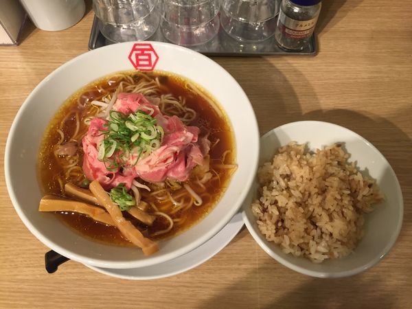 「肉汁中華ソバ 醤油＋ごはん 生姜風味」@百年本舗 秋葉原総本店の写真