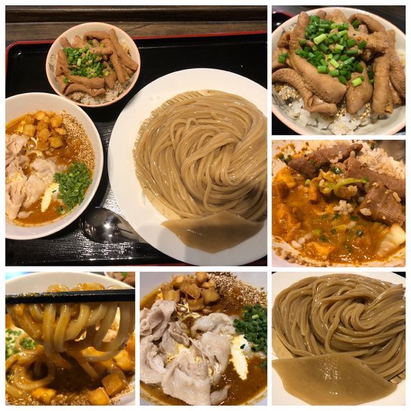 「カレー肉汁うどん（ハイブリッド麺に変更）ミニもつ丼」@自家製うどん うどきちの写真