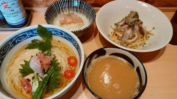 「【限定】金目鯛つけ麺¥1200-+いわしそば¥430-」@寿製麺 よしかわ 西台駅前店の写真