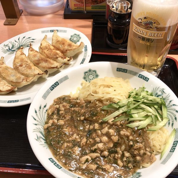 「ガパオ麺＋餃子＋生×２＋ハイボール」@日高屋 土浦西口店の写真