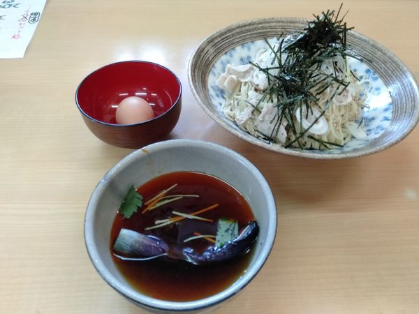 「ピリ辛、肉ネギ海苔どっさり茄子煮浸し入りツケ麺」@㐂九家の写真