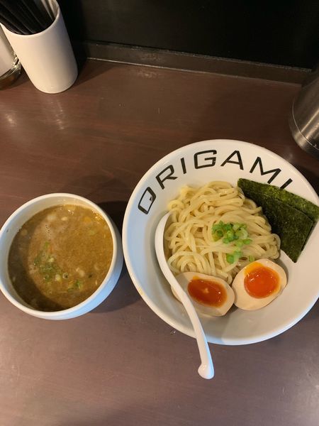 「旨辛味玉ORIGAMIつけ麺(中盛・中辛)930円」@麺屋 ORIGAMIの写真