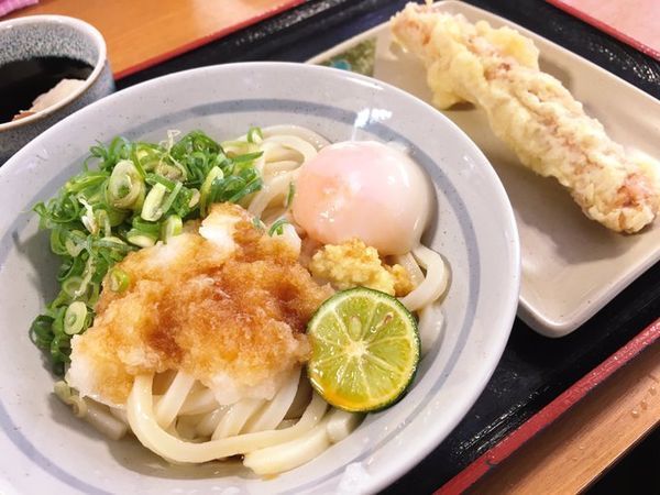 「すだち醤油うどん 半熟卵 ちくわ天」@めりけんや 高松駅前店の写真