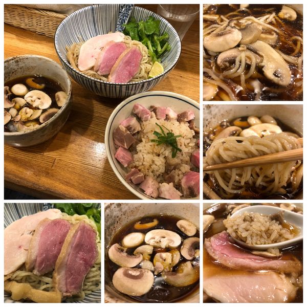 「【期間限定】鴨と茸 淡麗つけそば950円+肉増し炊き込みご飯」@中華そば きなりの写真