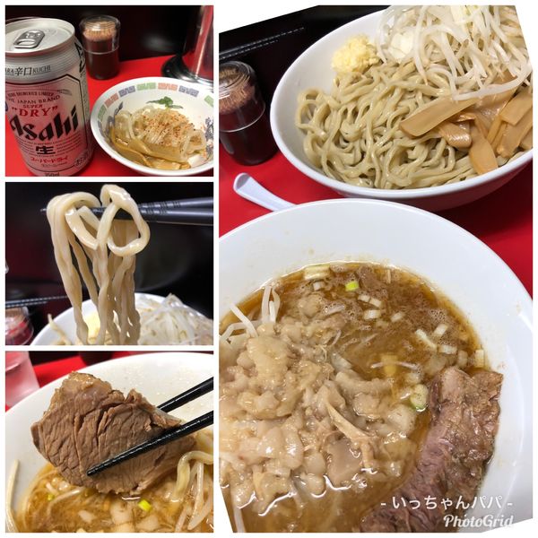 「限定）つけ麺 850円 中盛り無料 野菜ちょい 増 背脂」@ラーメンハイキックの写真