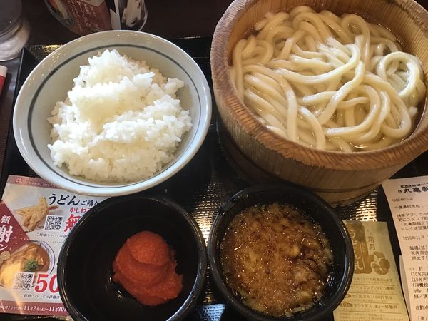 「釜揚げ並290円(1日半額140円)明太子70円ご飯140円」@丸亀製麺 柏駅南口店の写真