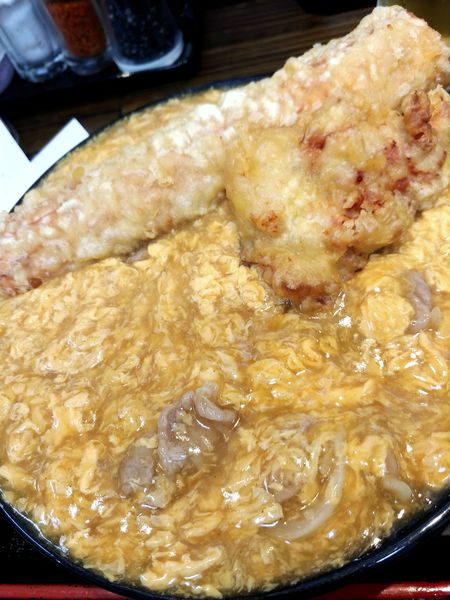 「鶏卵カレーうどん・鶏天＆巨大竹輪天増し」@極楽うどん Ah-麺の写真