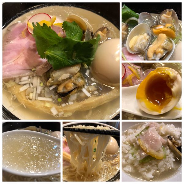 「浅蜊とムール貝の汐そば990円味玉100円ガリバタ飯150円」@麺処しろくろの写真