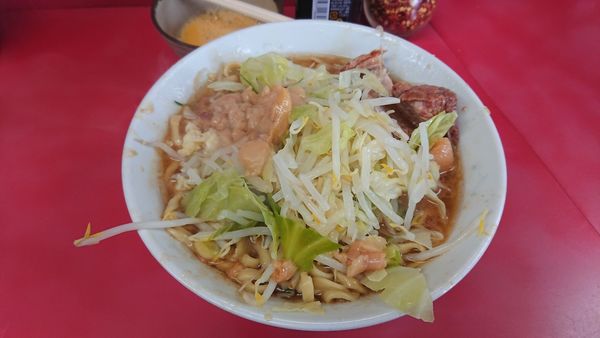 「小豚少な目　ニンニク少し脂　生卵」@ラーメン二郎 環七一之江店の写真