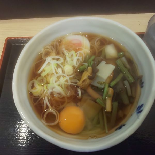 「山菜そば+生卵」@そばいち エキュート赤羽店の写真