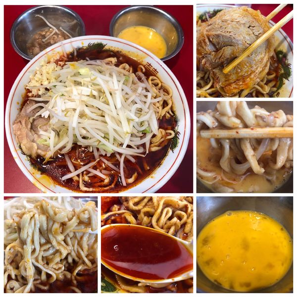 「辛いラーメン豚1枚 850円＋生卵 50円 ニンニクアブラ」@ラーメン英二の写真