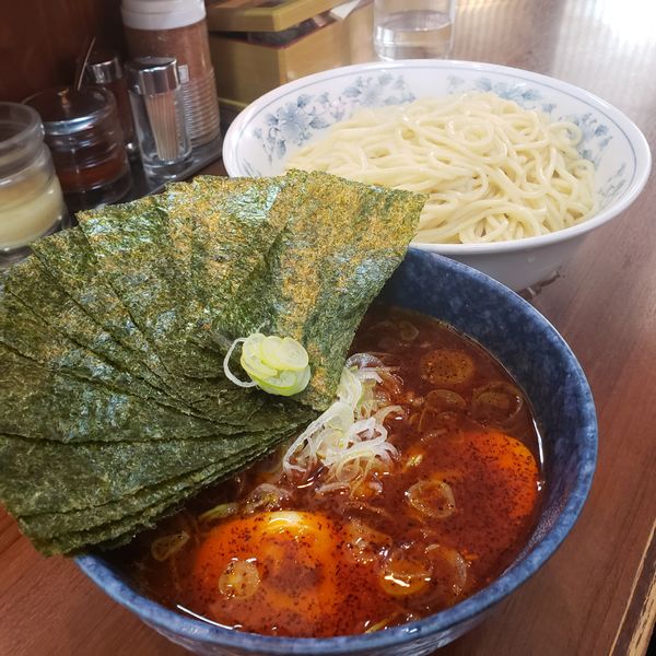 「辛味つけ麺中盛あつ盛、味玉、海苔」@つきみ野大勝軒の写真