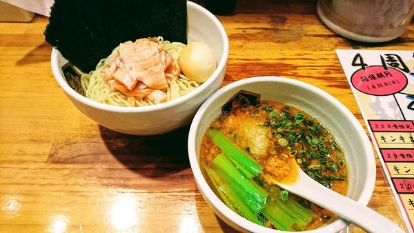 「特製サーモンつけ麺+海苔(クーポン)」@真鯛らーめん 麺魚の写真
