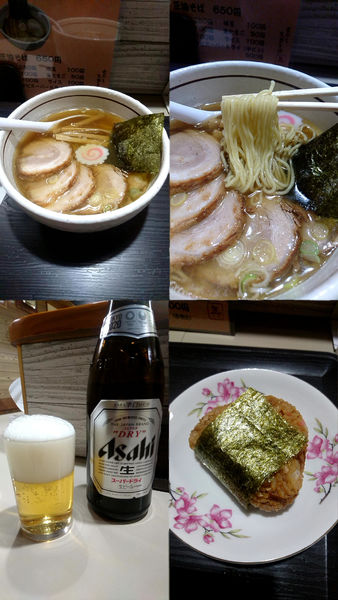 「『正油そば+チャーシュー増し+ピール+チャーシューおにぎり』」@煮干し支那そば 正の写真