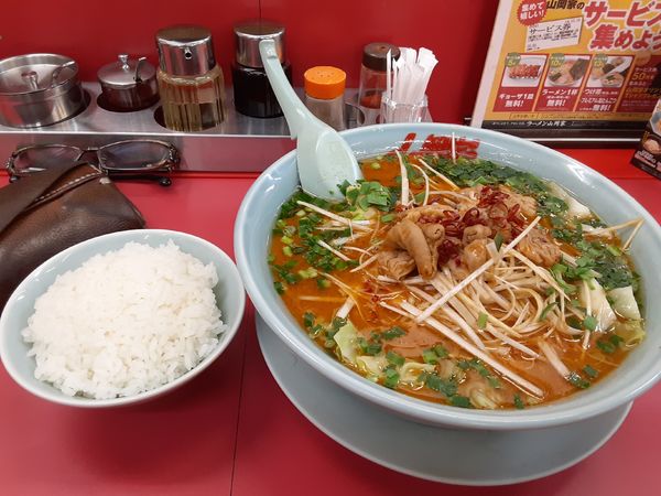「極旨味噌もつラーメン 白髪ねぎトッピング 半ライス」@山岡家 松本店の写真