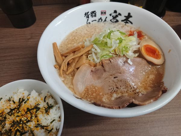 「背脂醤油750円＋ライス(ﾗﾝﾁｻｰﾋﾞｽ)」@背脂らーめん宮本 志木店の写真
