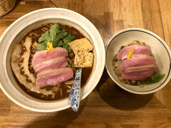 「赤味噌そば￥950＋鴨肉炊き込みご飯￥400」@中華そば きなりの写真