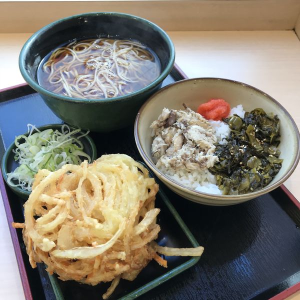 「朝食 焼鯖ごはんセット（￥380）＋かき揚げ（クーポン）」@ゆで太郎 竹橋店の写真