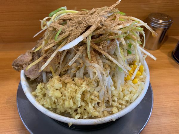 「プチ二郎　ニンニクましまし　野菜　脂　しょうが　ネギ　和風BB」@ラーメン二郎 八王子野猿街道店2の写真