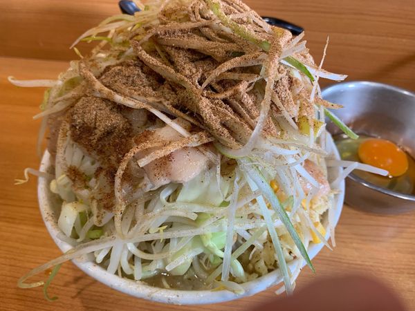 「プチ二郎 野菜ましまし 脂 ニンニク少し ネギ 和風BB  生卵」@ラーメン二郎 八王子野猿街道店2の写真