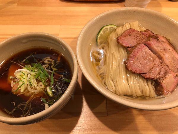 「鰹昆布出汁醤油つけ麺+肉増し」@迂直の写真