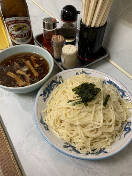 「つけ麺600円 大盛り100円 ビール(中)500円」@丸長 宮原店の写真