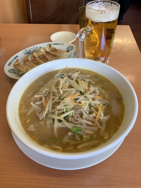 「味噌ラーメン 餃子 生中」@日高屋 北本西口店の写真
